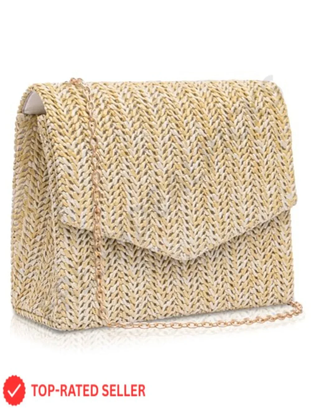 Woven Straw Clutch Purse with Chain Shoulder Bag Beach Summer Boho